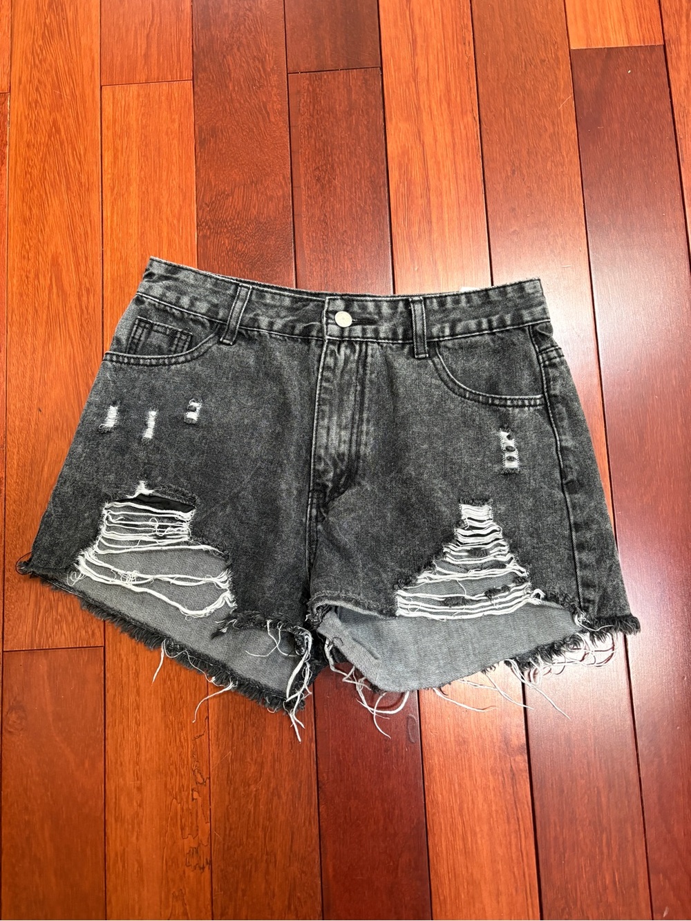 SHEIN Washed Black Distressed High-Rise Denim Shorts